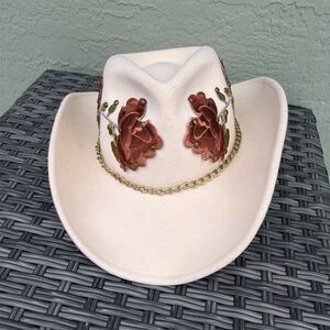 Scala Western Cowboy Hat Ivory Floral Embroidery Gold Chain Unisex